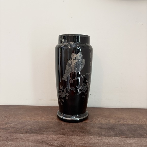 Vintage‎ Czech Black Glass Etched Vase – Birds & Floral – Art Deco Style Moody - Picture 11 of 12